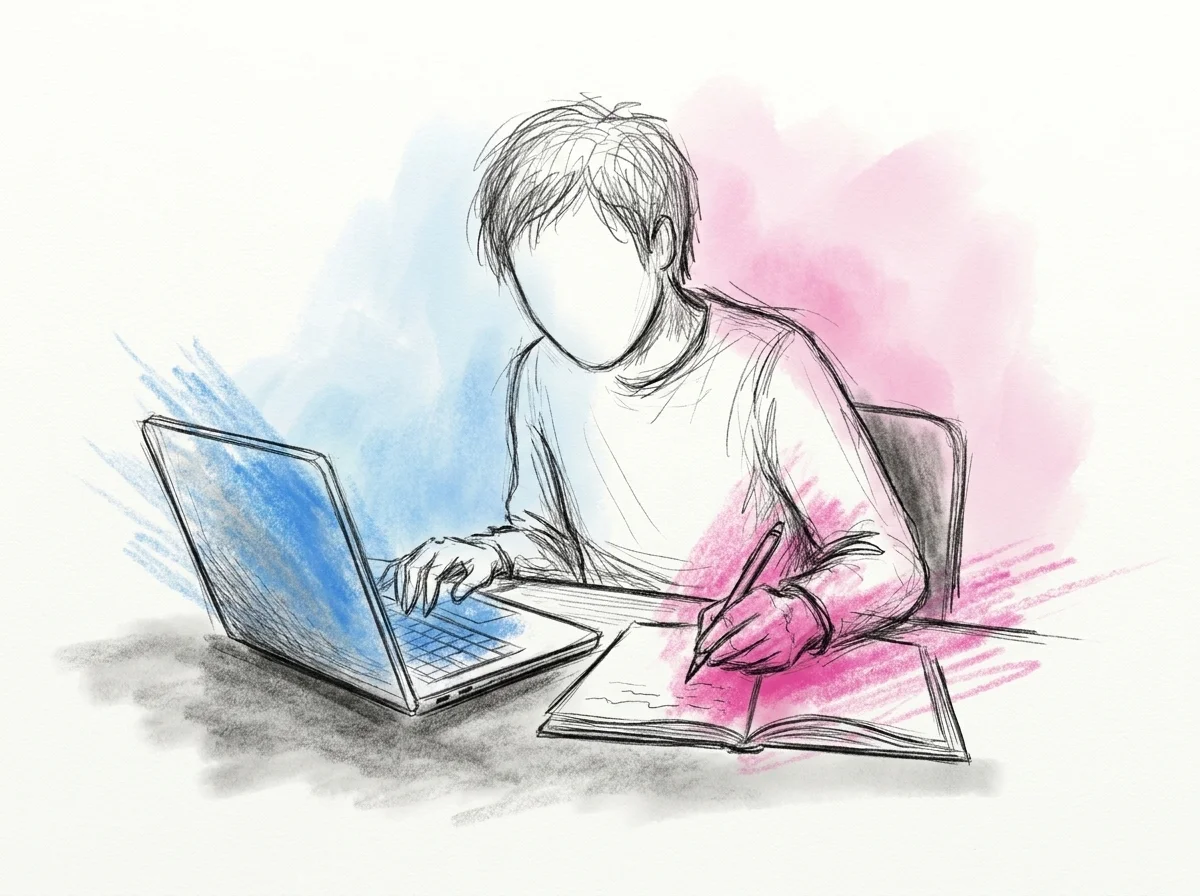 Person som skriver i ett chattfönster på en laptop och samtidigt kopierar en siffra för hand med penna in i ett papperskalkylark bredvid