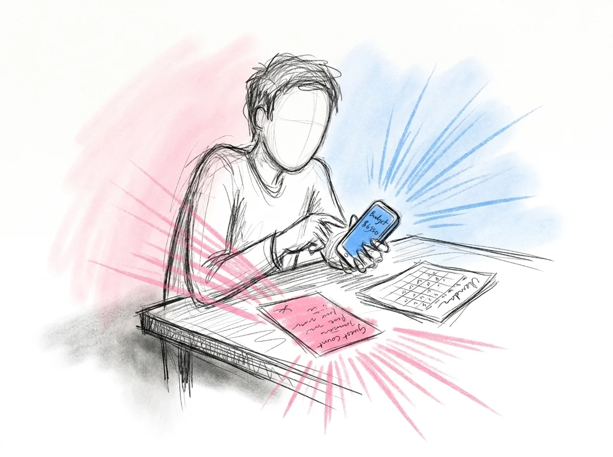 Person som ser lite fundersam ut mot en mobilskärm med ett budgetbelopp, en gammal gästantalsanteckning och ett kalenderblad bredvid