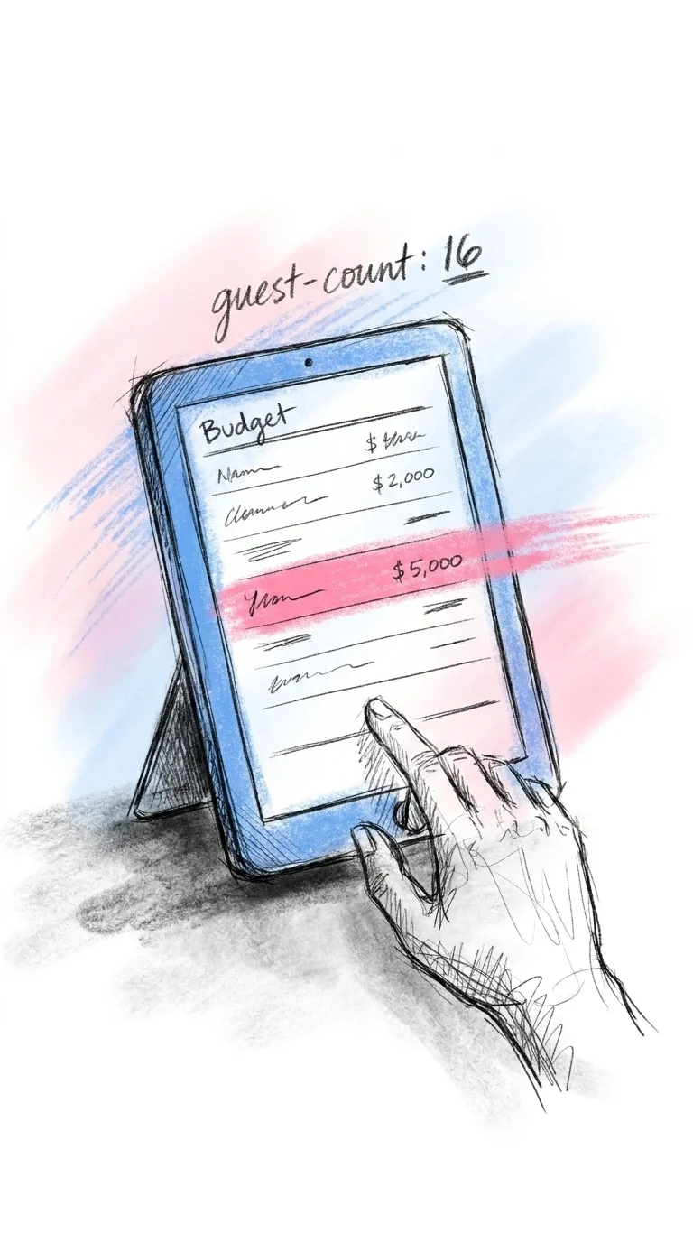 Vertikal vy av en mobilskärm med en budgetöversikt i flera kategorier, en hand som justerar ett gästantal ovanför