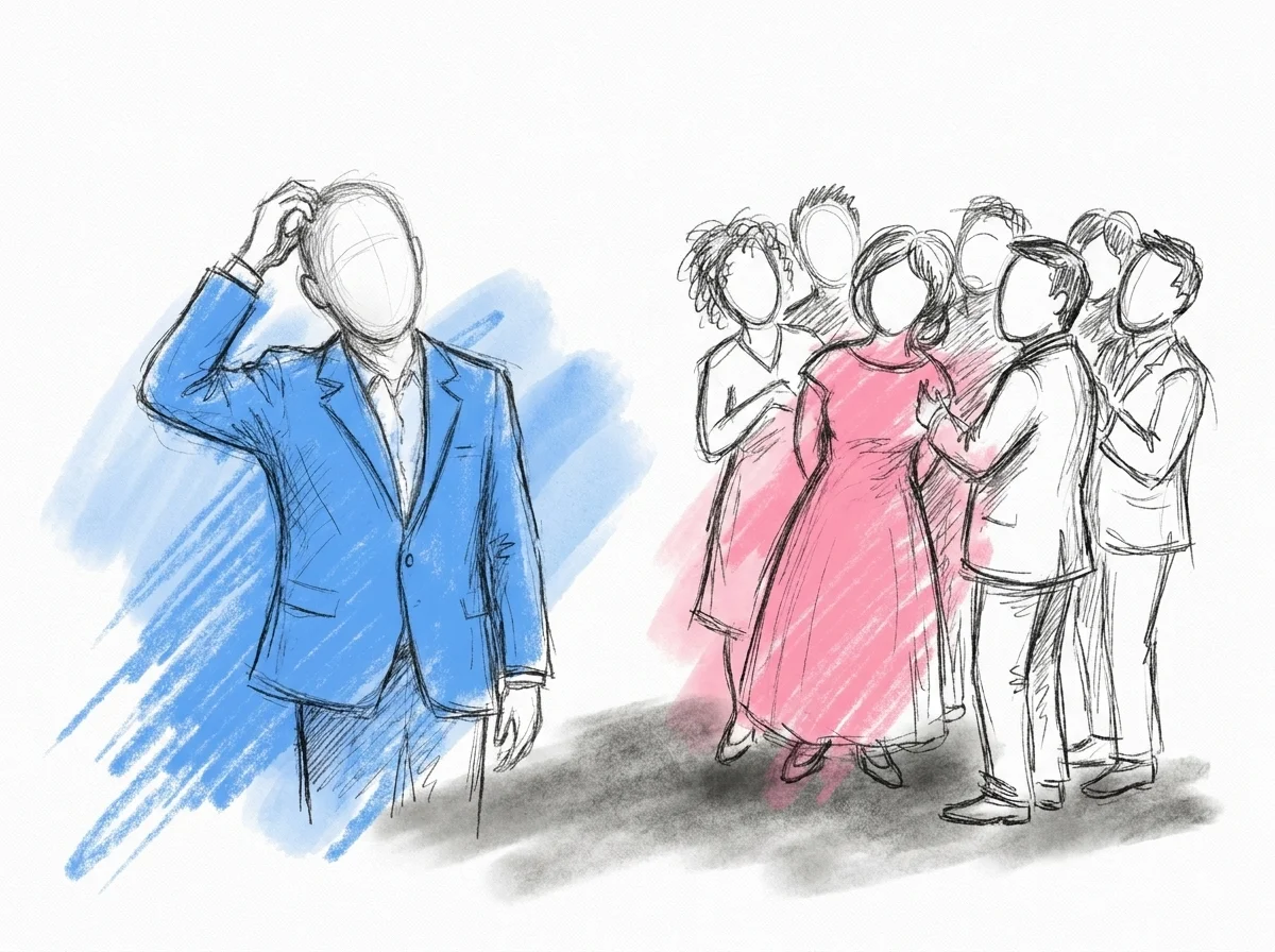 En toastmaster som ser lite osäker ut i ett rum där linjen har klumpat ihop sig och tappat sin form, gäster som ser förvirrade ut över vilken ände som är vilken