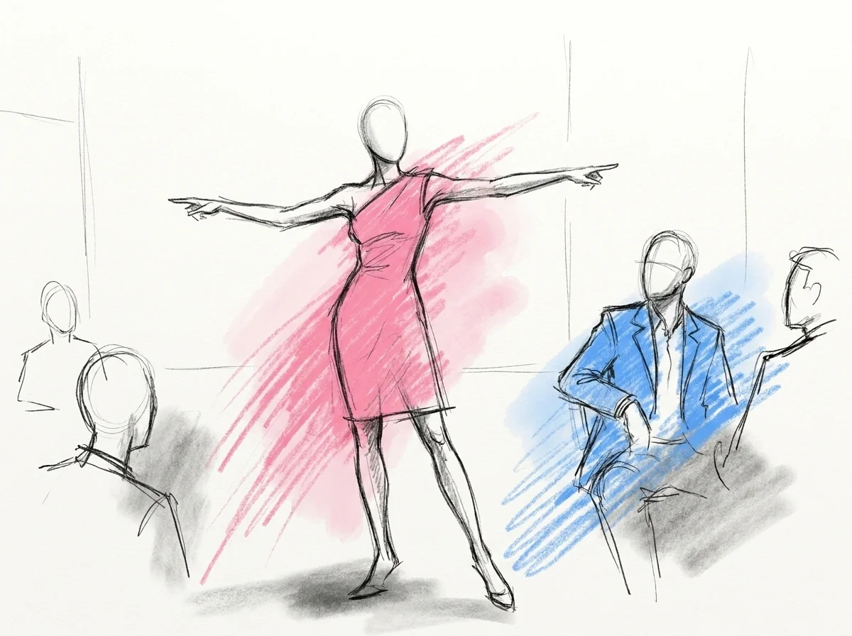 En toastmaster som står mellan två ändar av ett öppet rum och pekar med ena armen mot en vägg och med andra armen mot motsatt vägg, medan gäster börjar sprida ut sig