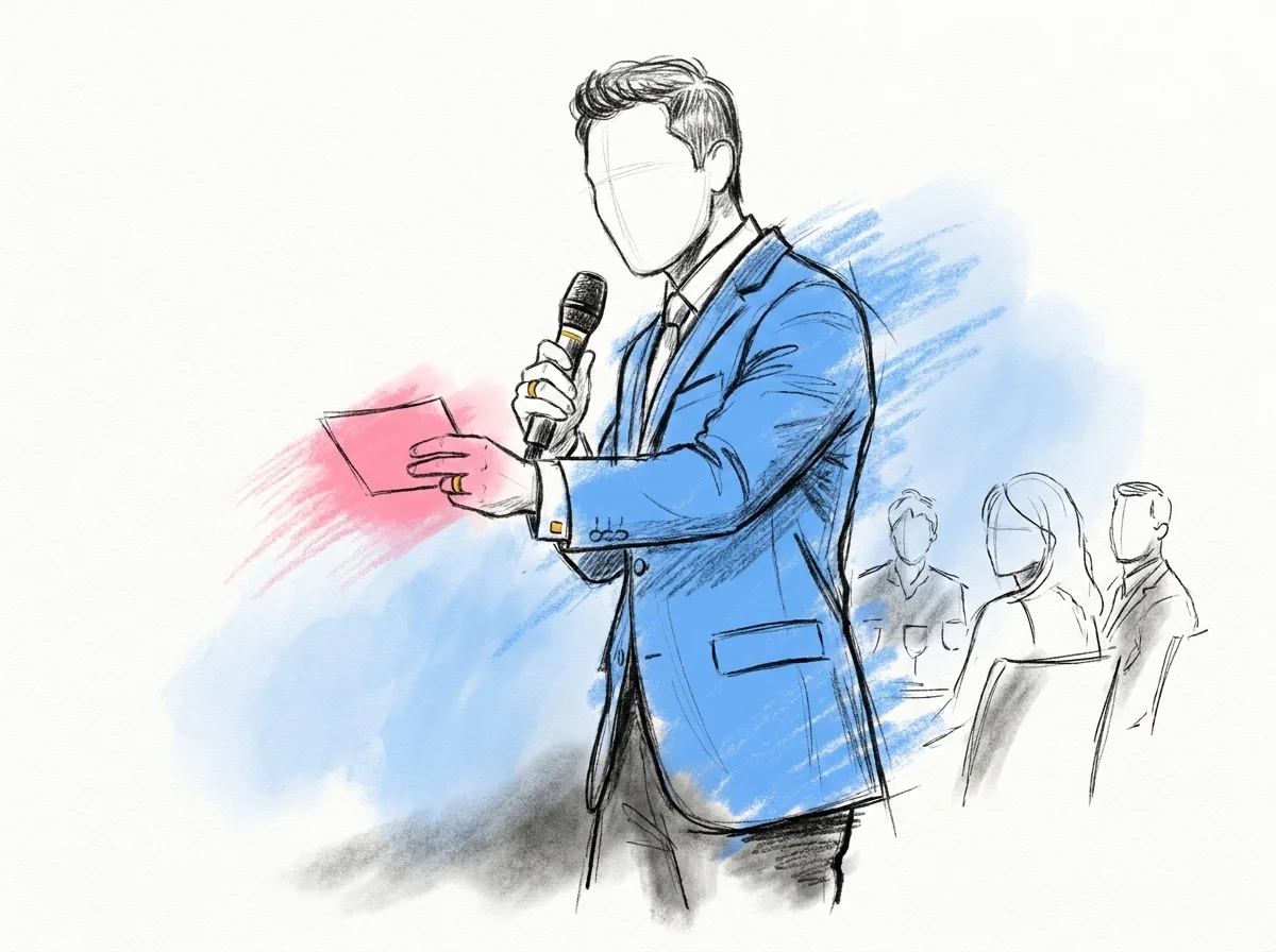 En toastmaster mitt i tal, mikrofon i ena handen och en telefon eller ett litet kort med anteckningar i den andra, med gäster som lyssnar i bakgrunden
