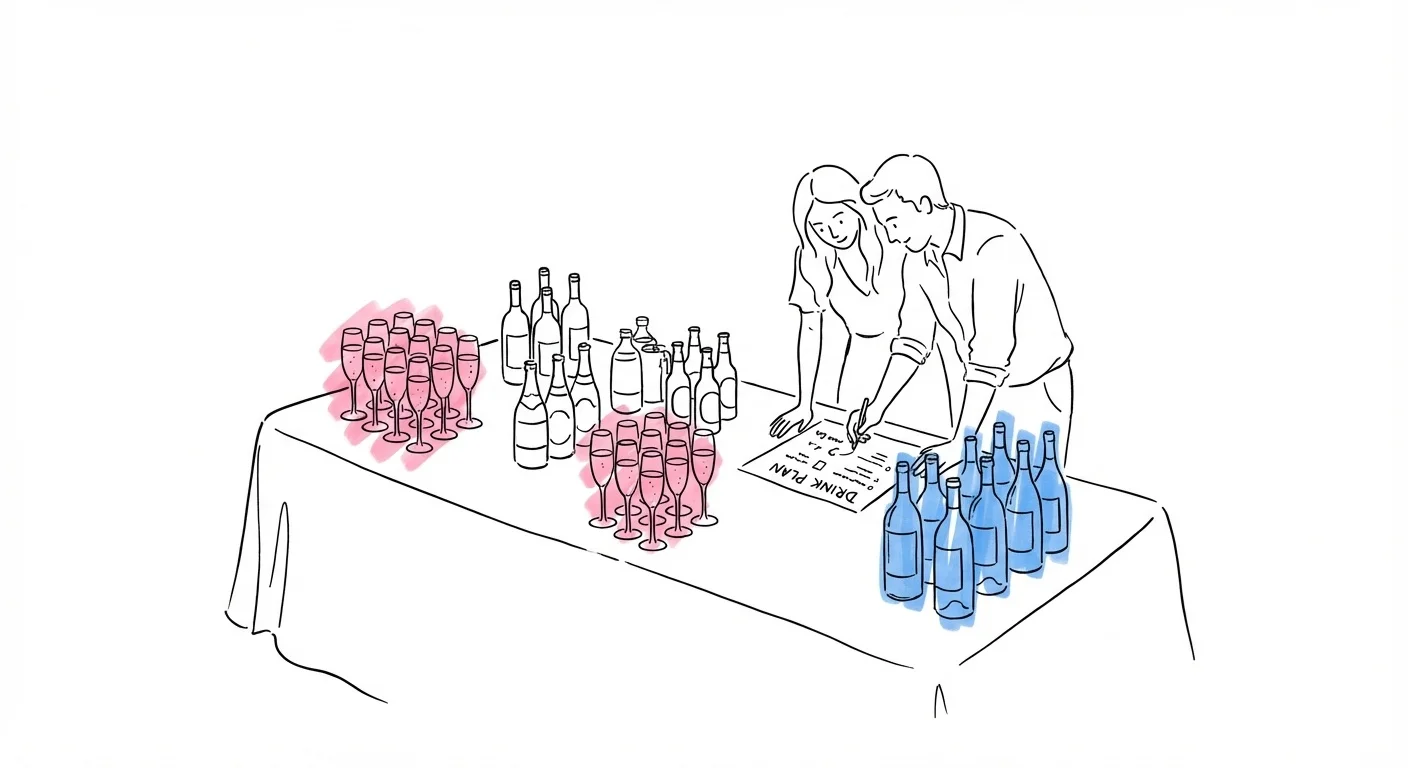 Illustration av dryckesplanering för bröllop med glas, flaskor och inköpslista