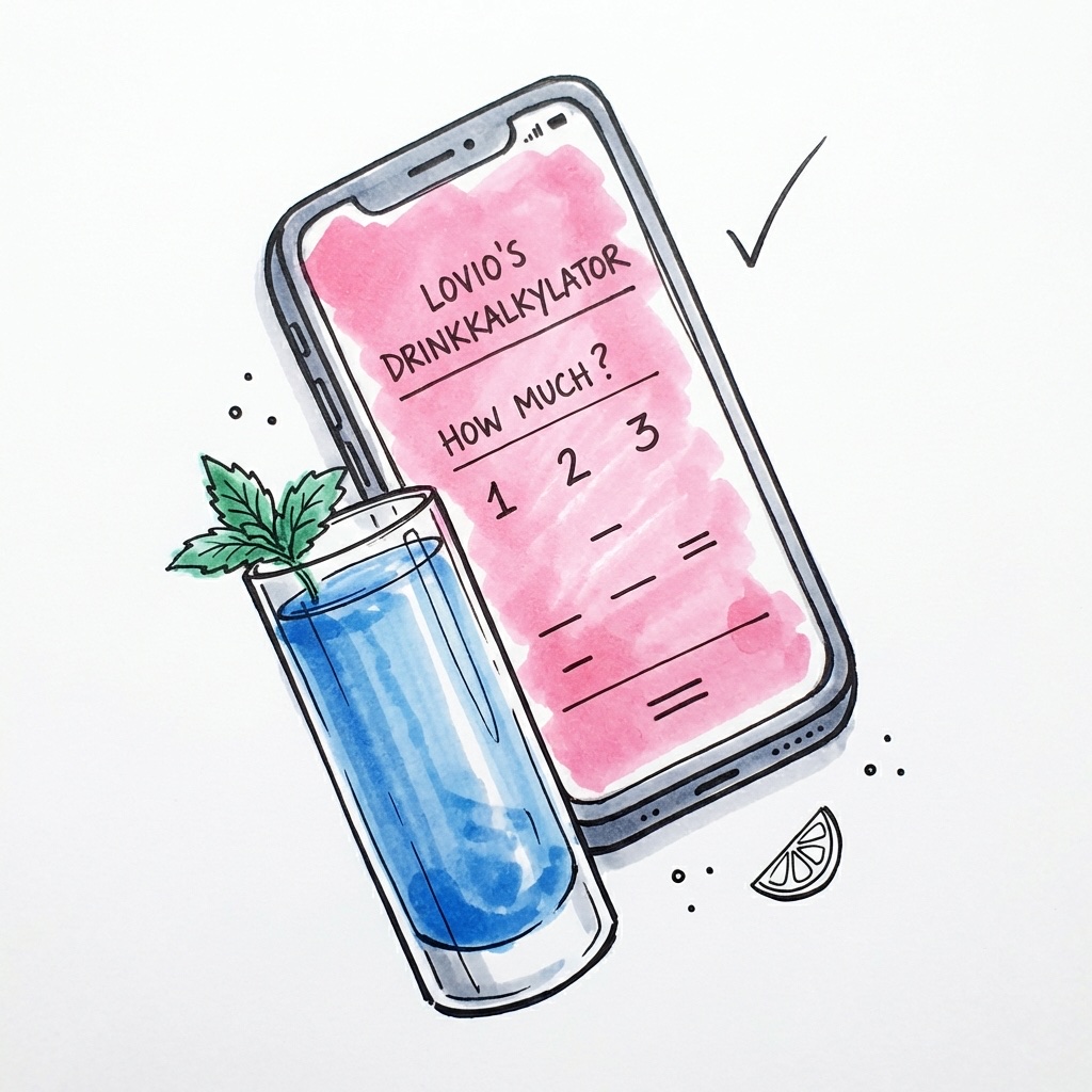 Lovios Drinkkalkylator på en smartphone bredvid ett garnerat glas