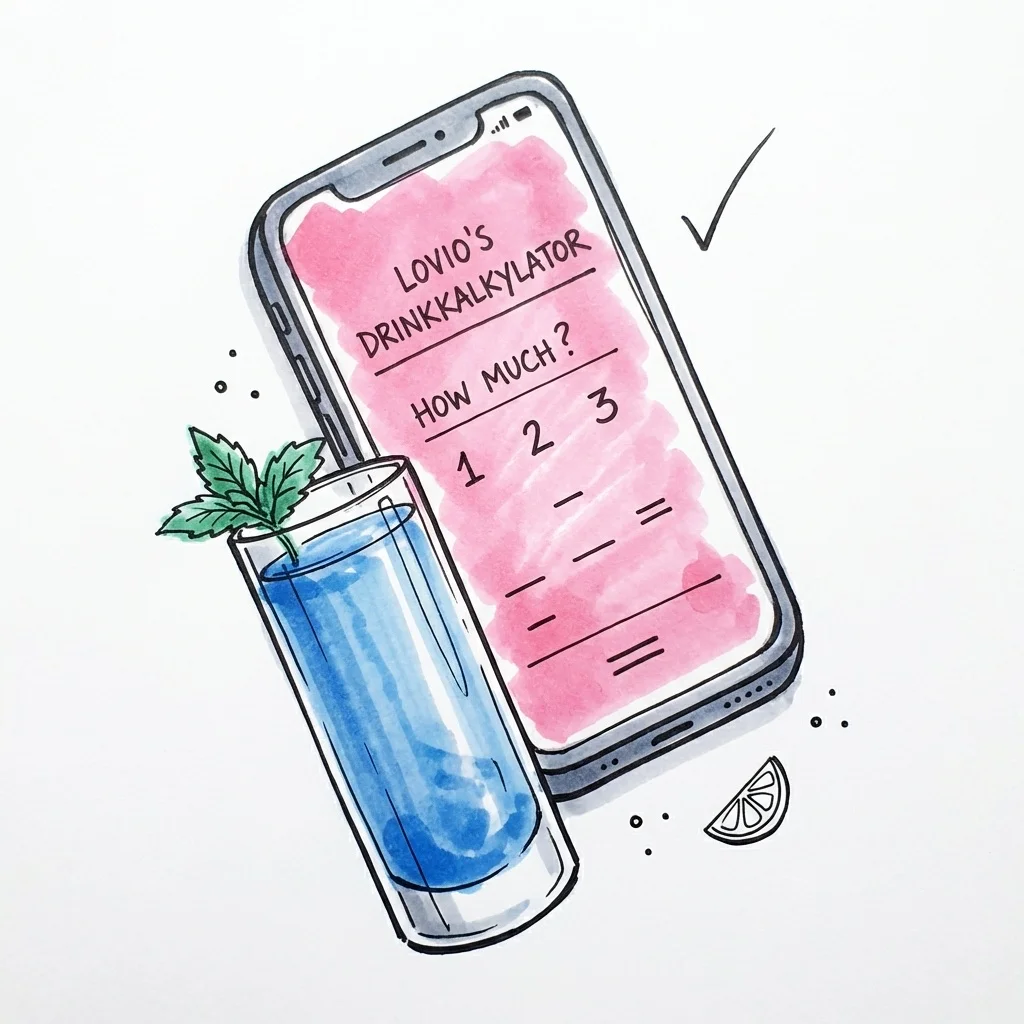 Lovios Drinkkalkylator på en smartphone bredvid ett garnerat glas