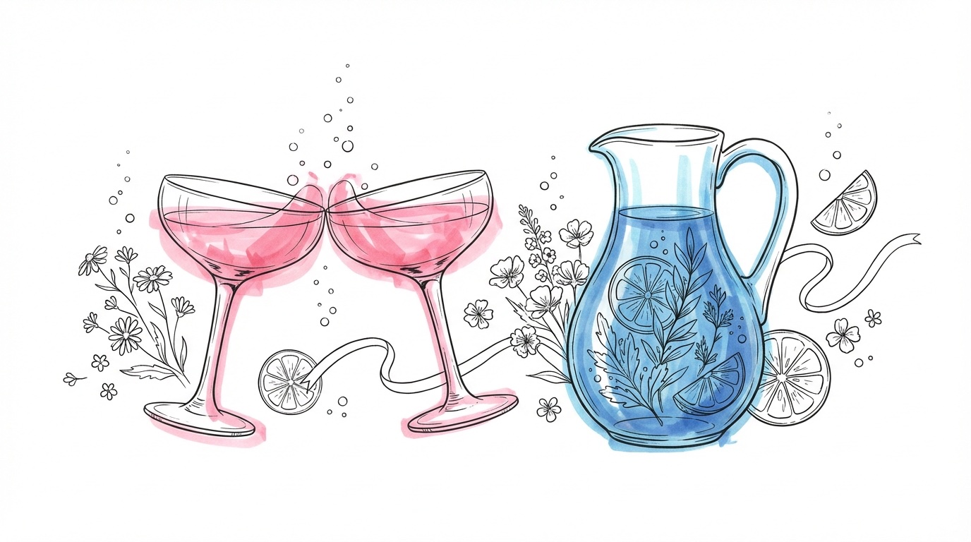 Två eleganta coupeglas som skålar med alkoholfri dryck och en karaff garnerad med frukt — festlig bröllopsstämning