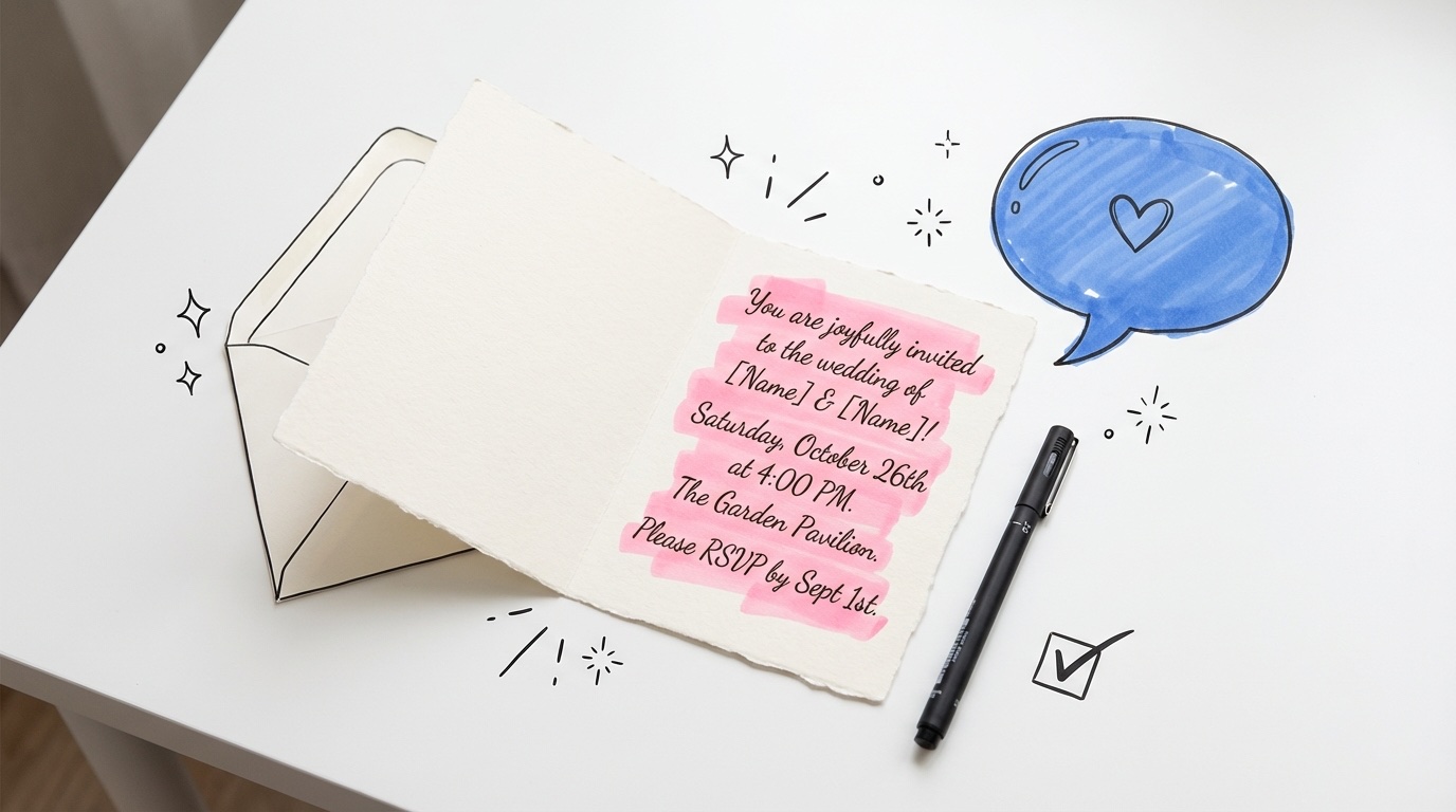 Bröllopsinbjudan och dialogbubbla — så kommunicerar ni alkoholfritt bröllop till gästerna
