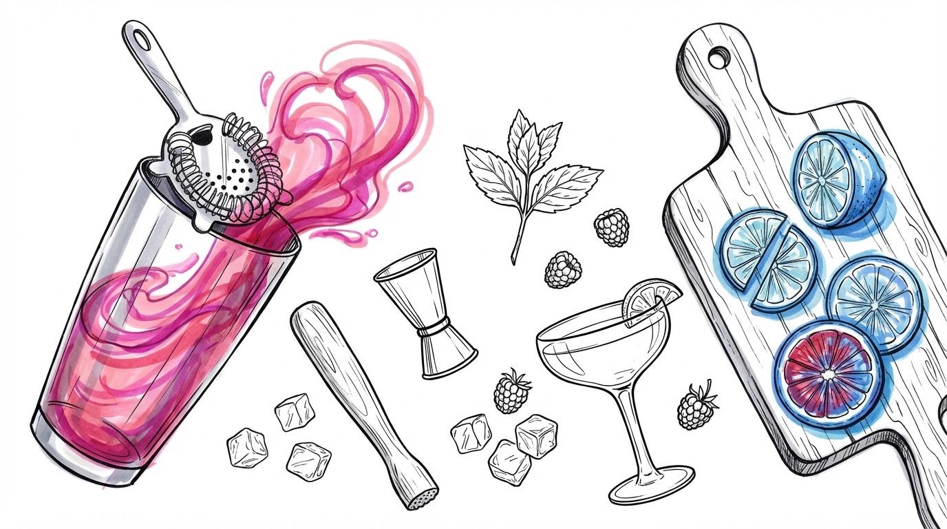 Bartender-workspace med cocktailshaker, skärbräda med citrusfrukter och garnerade drinkar