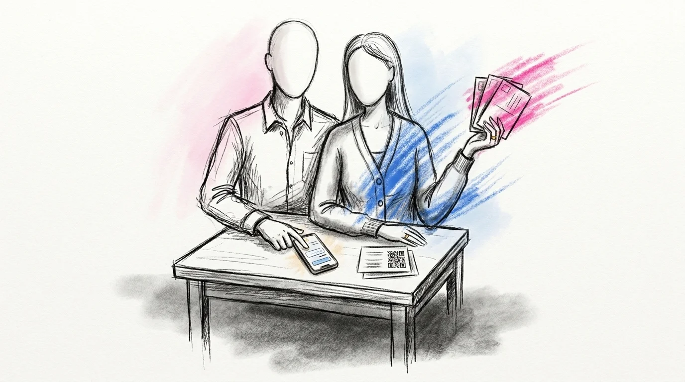Annorlunda OSA-format till bröllop — par vid skrivbord med en hög pastellfärgade vykort, en mobil med digital OSA och ett tryckt kort med QR-kod, i Lovios rosa och blå illustrationsstil