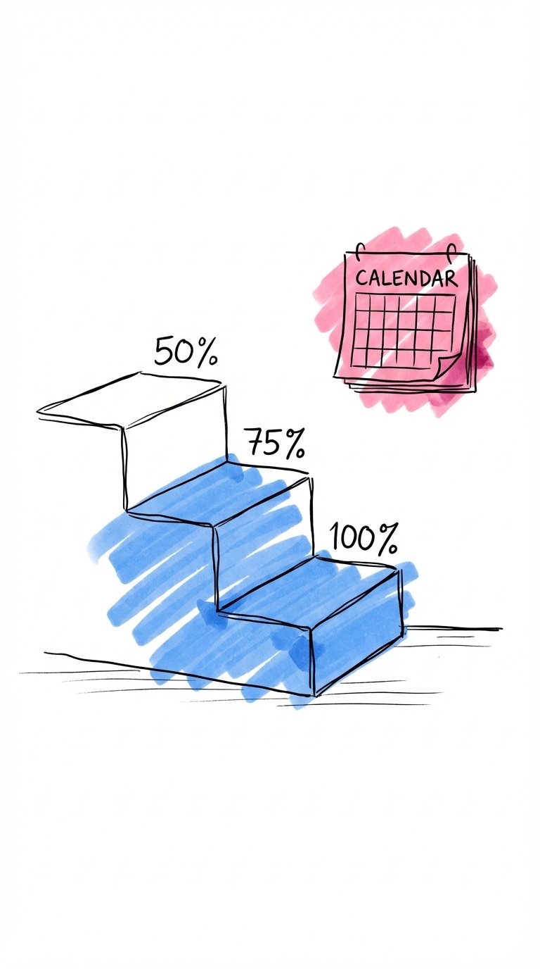 En nedåtgående trappa med procentetiketter (50%, 75%, 100%) på varje steg, med en kalendersida bredvid i Lovios rosa och blå illustrationsstil