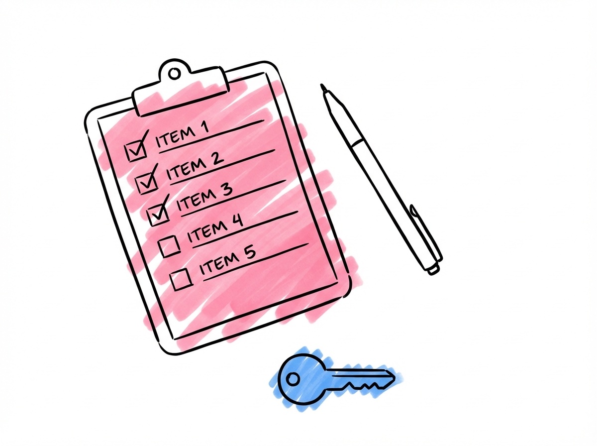 En clipboard med en checklista med bockade rutor, en penna bredvid och en nyckelsymbol längst ner i Lovios rosa och blå illustrationsstil