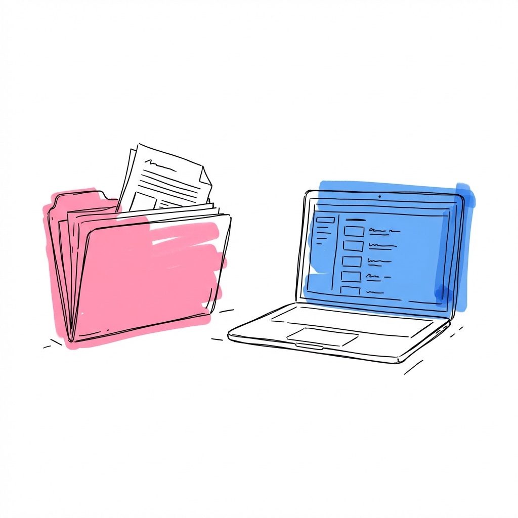 En mapp med dokument som sticker ut ur den, bredvid en laptopskärm som visar en organiserad dokumentlista i Lovios rosa och blå illustrationsstil