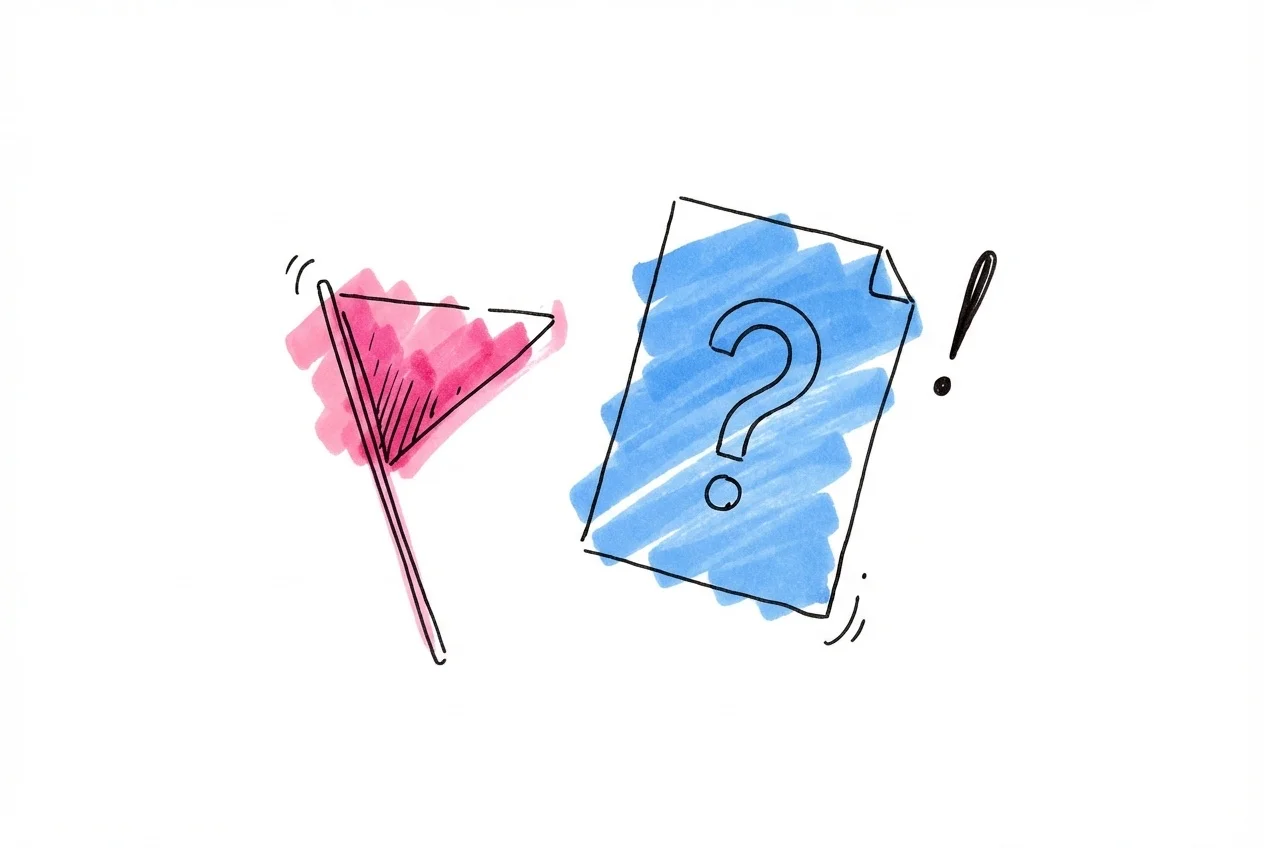 En varningsflagga bredvid ett dokument med ett frågetecken och ett utropstecken i Lovios rosa och blå illustrationsstil