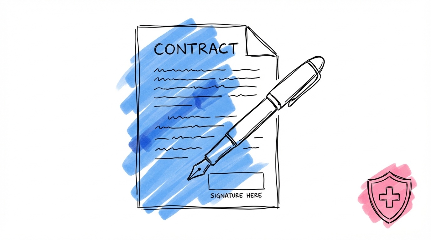 Ett kontraktsdokument med synliga textrader och signaturområde, en penna liggande över det och en liten sköldikon i hörnet i Lovios rosa och blå illustrationsstil