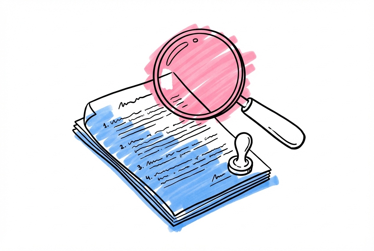 Ett öppet dokument med numrerade klausuler, ett förstoringsglas svävande ovanför och ett litet stämpelsigilll i Lovios rosa och blå illustrationsstil