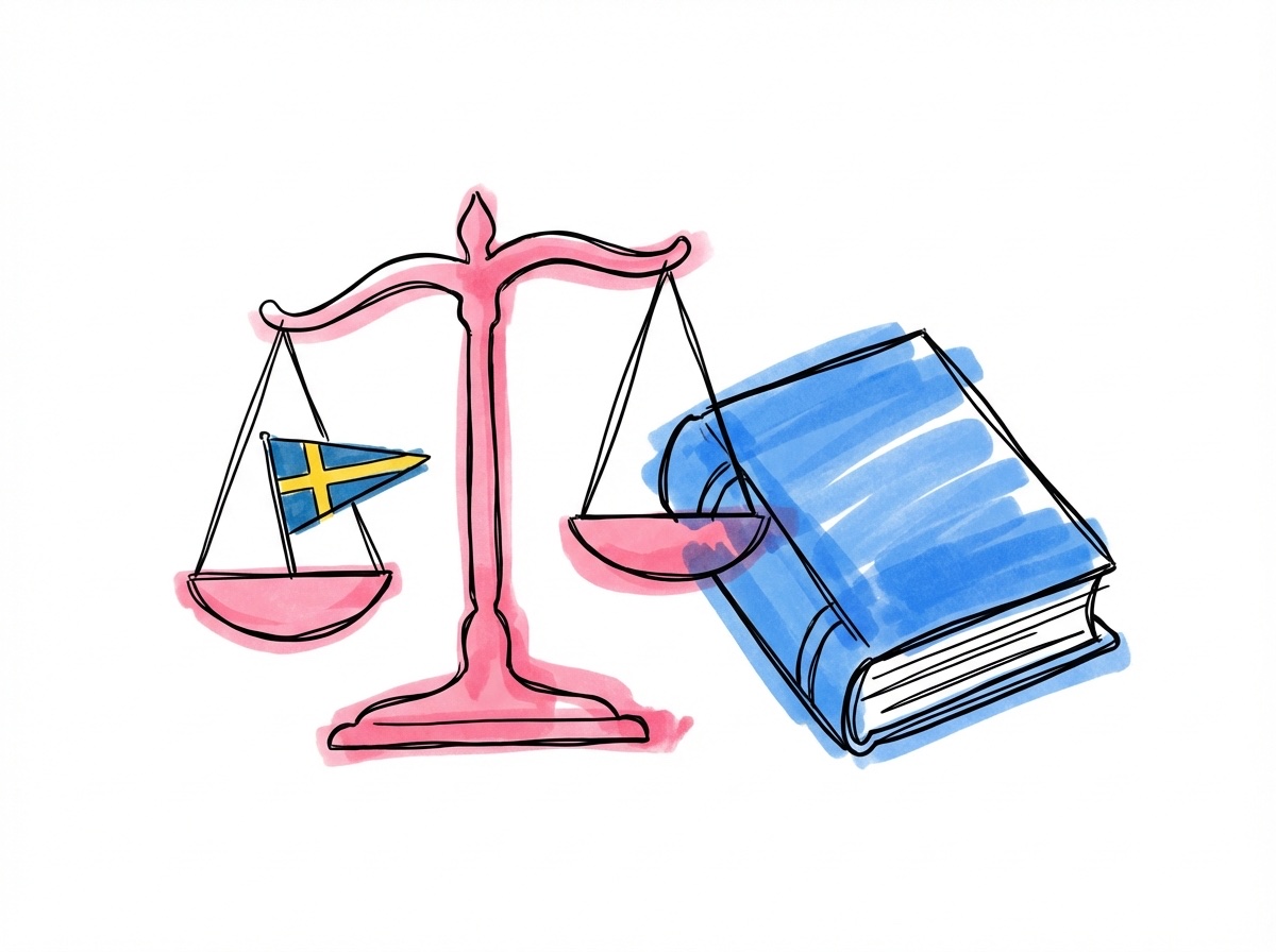 En balansvåg (juridikens våg) med en liten svensk flaggvimpel och en lagbok bredvid i Lovios rosa och blå illustrationsstil