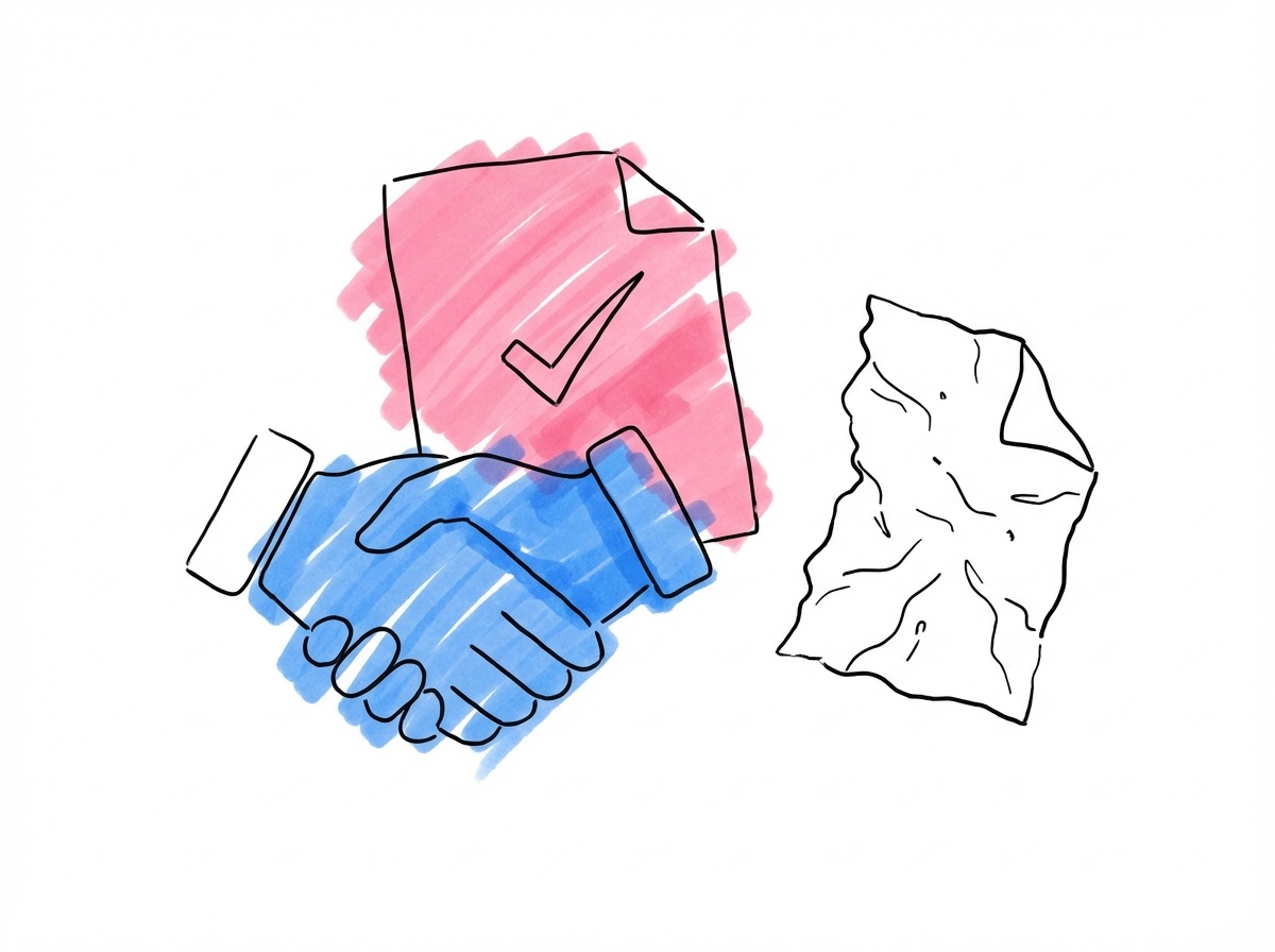 En handskakningssymbol bredvid ett dokument med en bockmarkering, kontrasterat med ett rivet papper i Lovios rosa och blå illustrationsstil