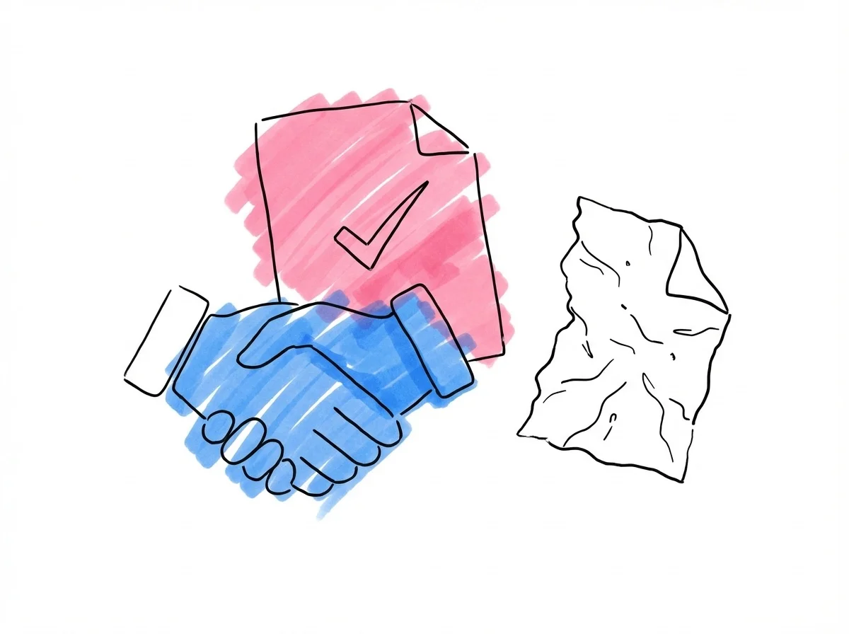 En handskakningssymbol bredvid ett dokument med en bockmarkering, kontrasterat med ett rivet papper i Lovios rosa och blå illustrationsstil