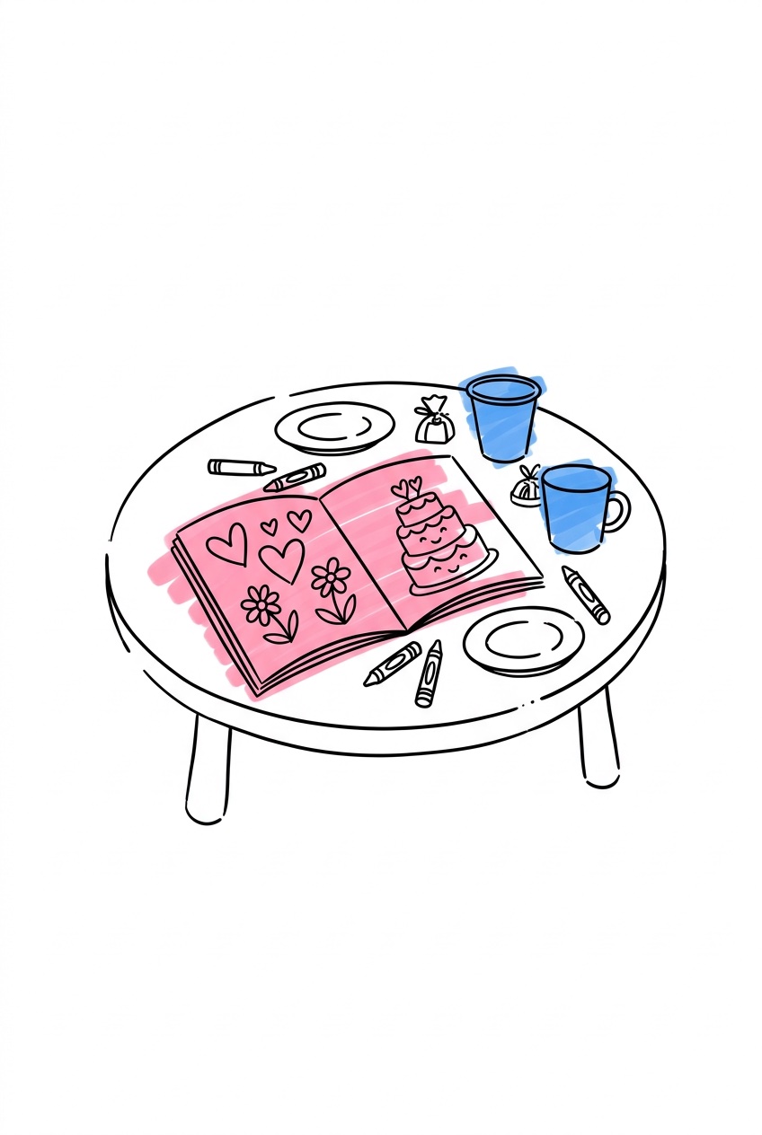 Barnbord på bröllop med målarbok, kritor och barnvänlig dukning