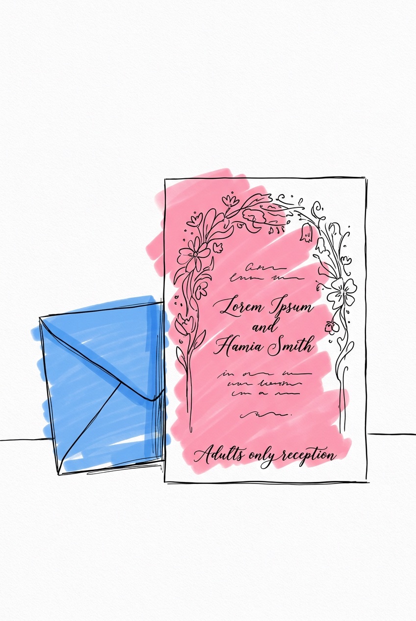 Bröllopsinbjudan med tydlig kommunikation om barnfritt bröllop