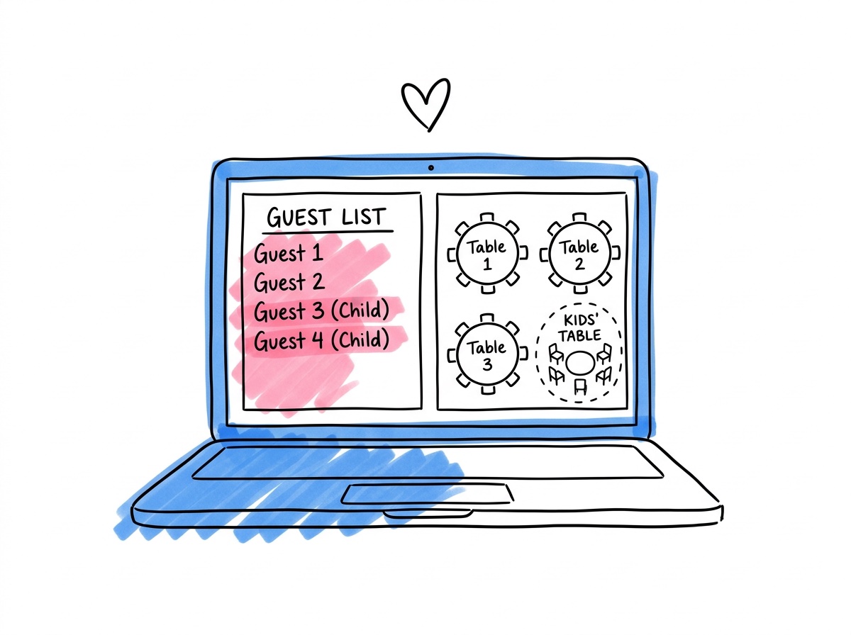 Lovio gästlista med barn märkta och bordsplacering för barnbord