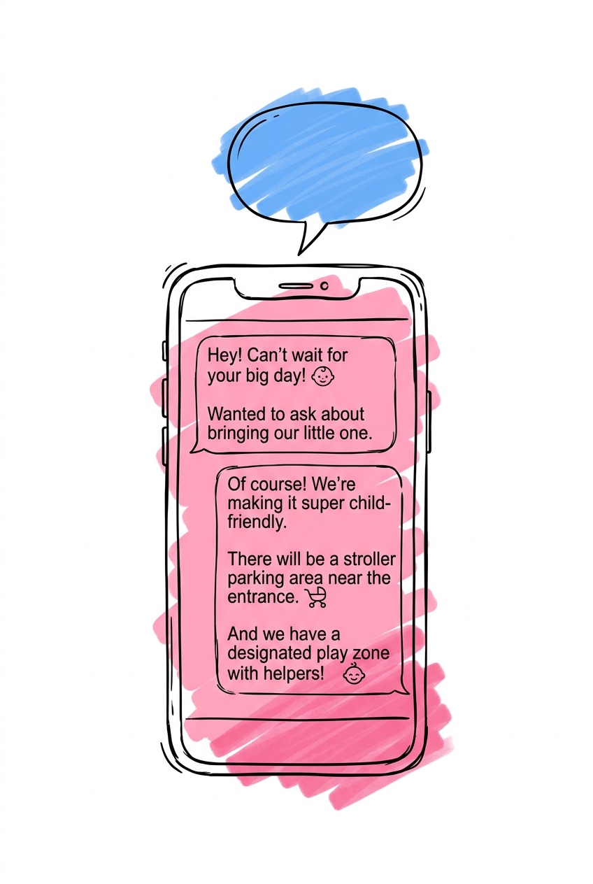 Smartphone med SMS-meddelande till föräldrar om barnvänlig bröllopsinfo