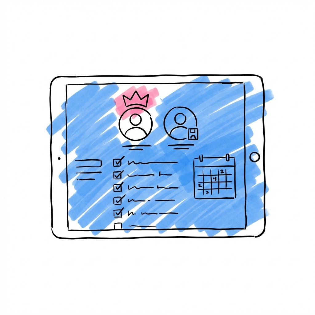 Surfplatta med en delad planeringsdashboard med bockmarkeringar, kalenderwidget och två användarikoner