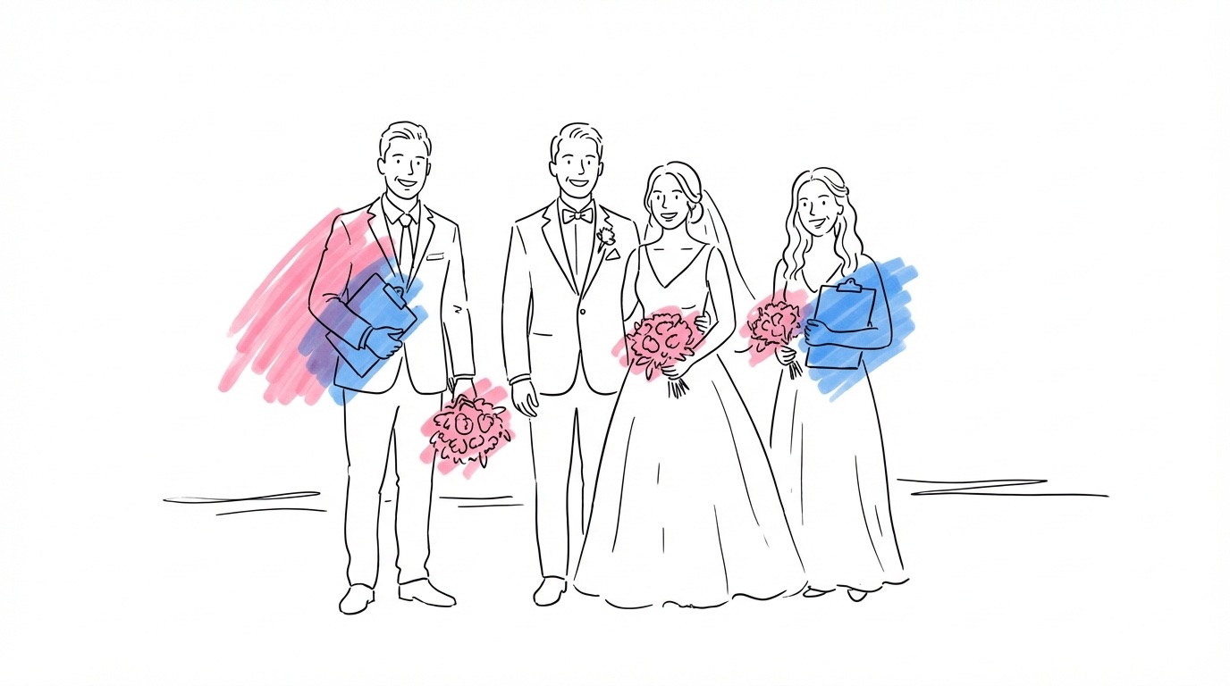 Bestman och hederstärna stående på varsin sida om ett brudpar, den ena med en skrivplatta och den andra med en bukett