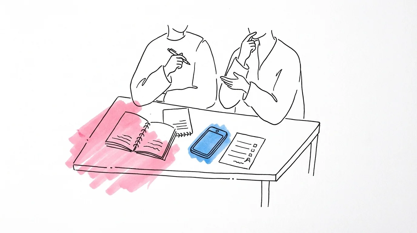 Två personer vid ett bord med planeringsmaterial — anteckningsblock, telefon och checklista
