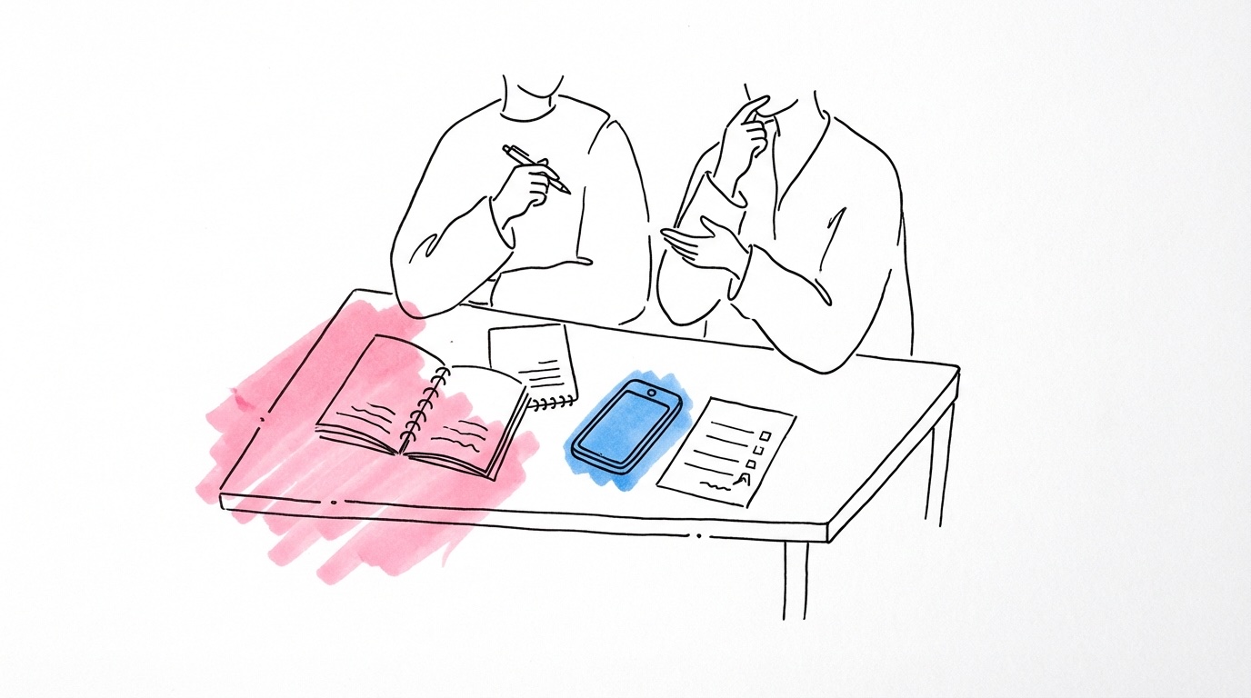 Två personer vid ett bord med planeringsmaterial — anteckningsblock, telefon och checklista