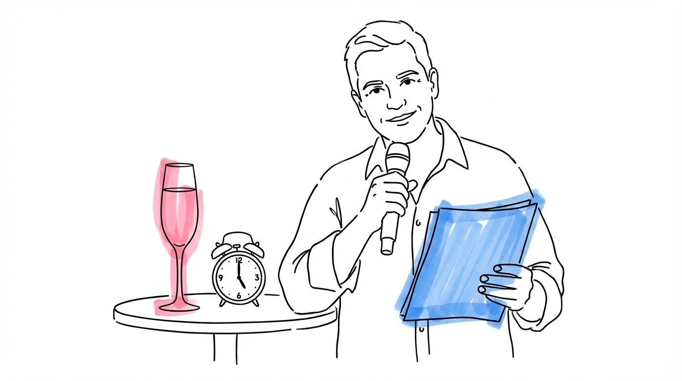 Person vid en mikrofon med ett handskrivet tal på papper, ett champagneglas och en liten klocka som visar 5 minuter på bordet