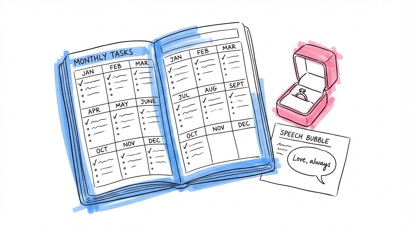 Vertikal kalender med bockmarkeringar vid avklarade uppgifter, en ringask och ett talkort bredvid planeraren