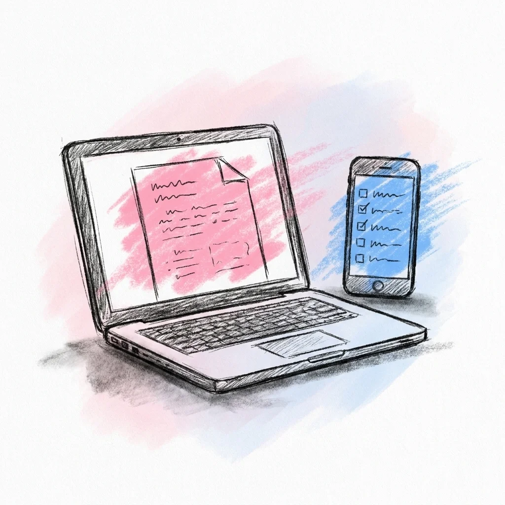 Lovios dokumentverktyg med ett talkoncept öppet på skärmen bredvid ett dagsprogram på en telefon, i Lovios rosa och blå illustrationsstil