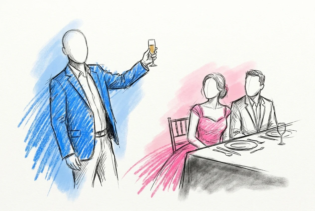 Best man mitt i en skål, vänd varmt mot det sittande brudparet med glaset lätt höjt och paret som ler tillbaka mot honom vid bordet, i Lovios rosa och blå illustrationsstil