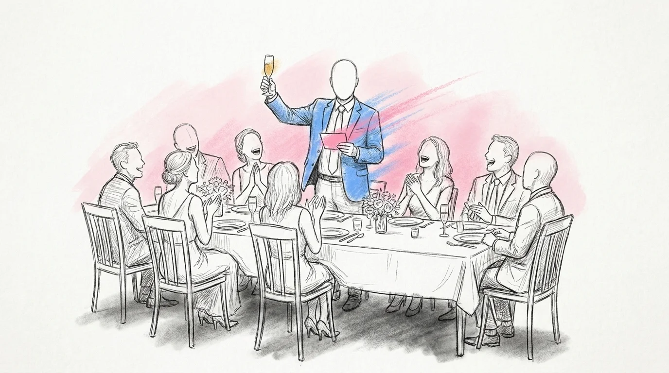 Best man står vid ett festligt dukat middagsbord, höjer ett glas i en skål och håller ett litet talkort i andra handen medan gästerna vänder sig mot honom och skrattar, i Lovios rosa och blå illustrationsstil