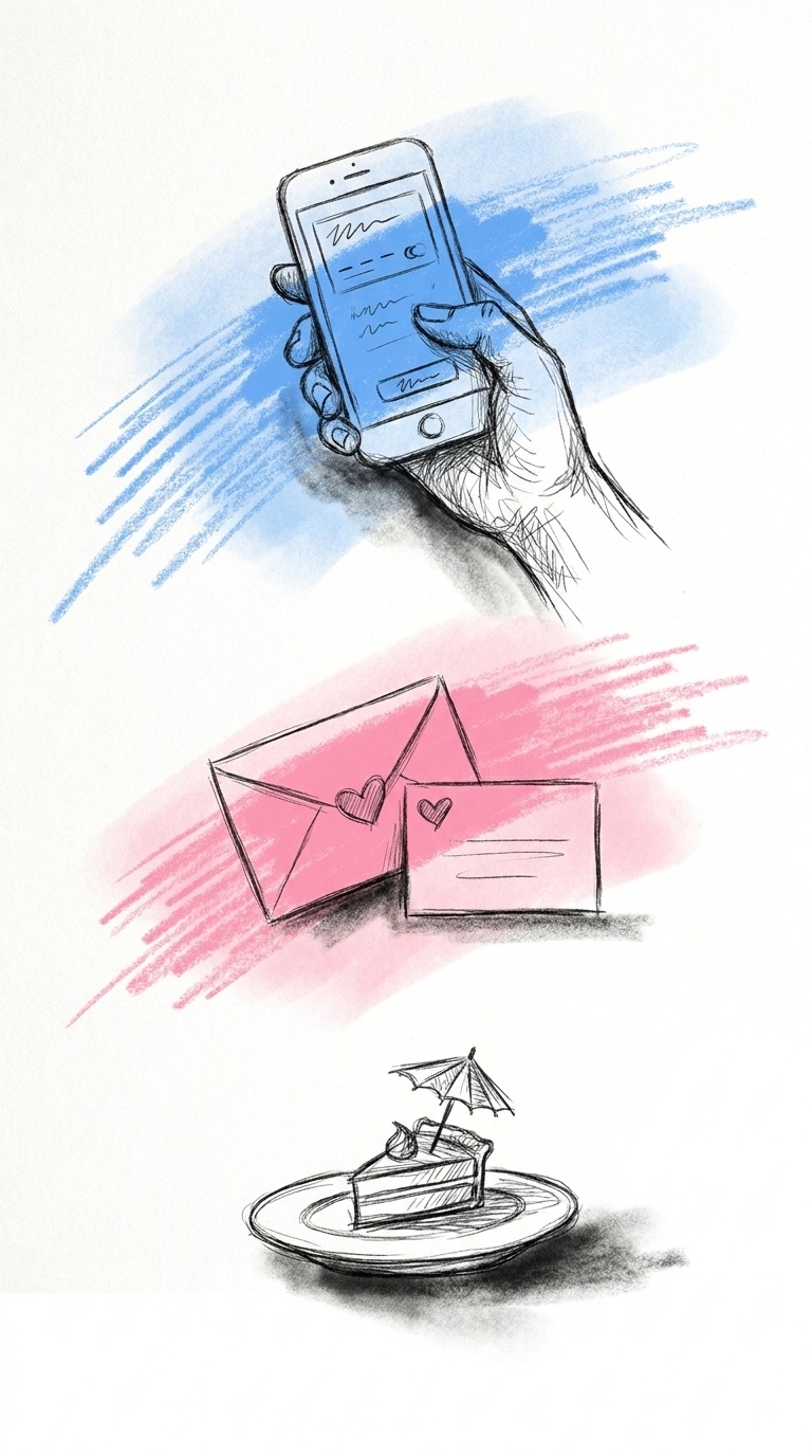 Lodrät komposition med en hand som håller en mobil med en enkel betalskärm, ett kuvert med ett litet hjärta bredvid en kortlåda och en liten tallrik med efterrätt och ett pappersparaply, i Lovios rosa och blå illustrationsstil