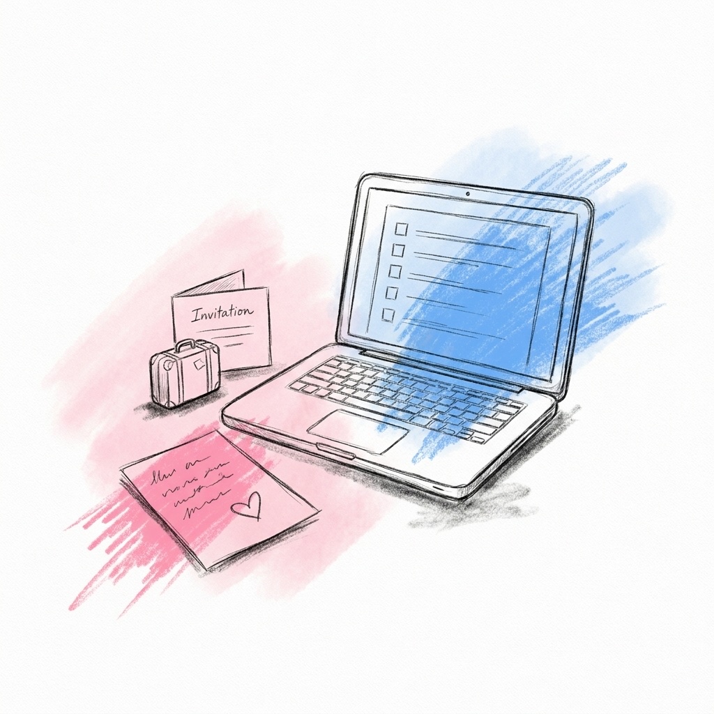 Öppen bärbar dator med en enkel checklista på skärmen, ett litet inbjudningskort, en liten resväska bredvid och en handskriven lapp med ett hjärta, i Lovios rosa och blå illustrationsstil