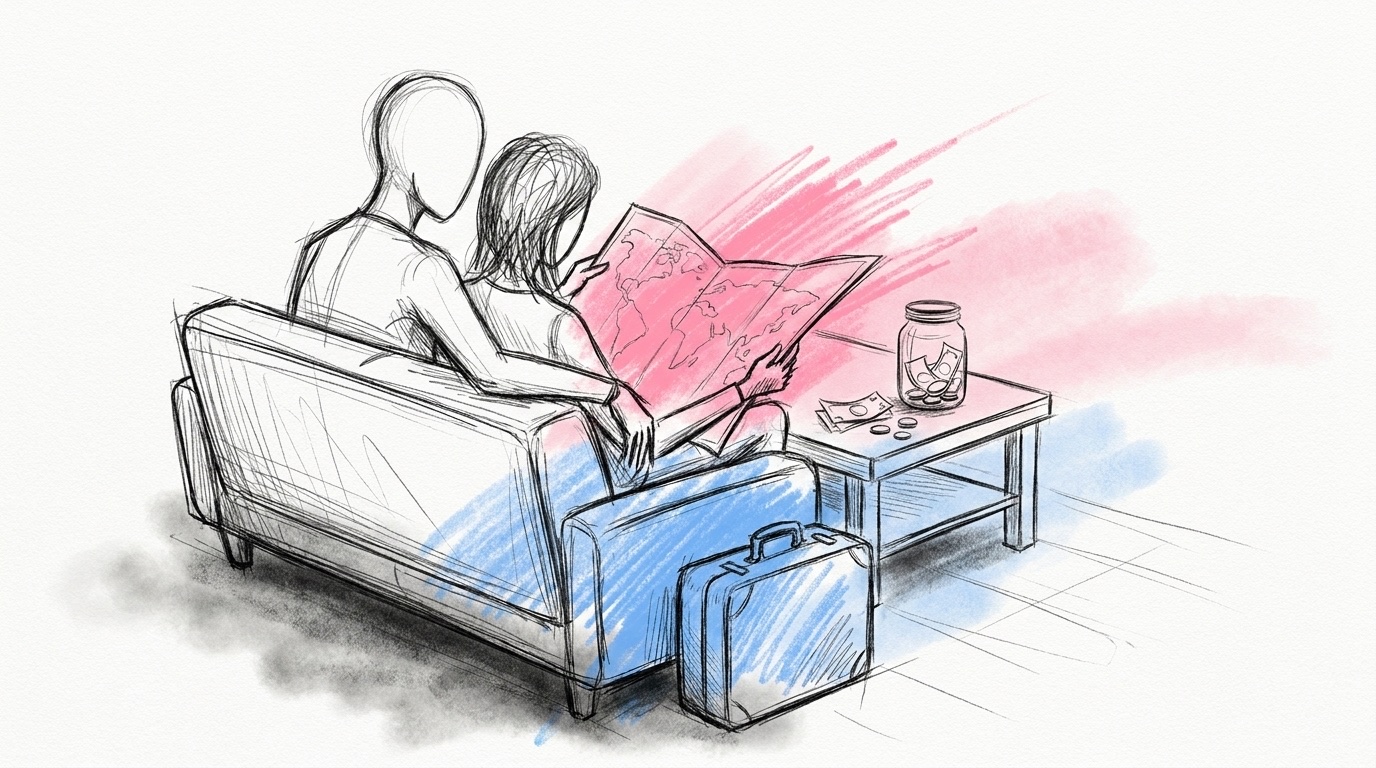 Bröllopspresent bidrag till resa: ett par sedda bakifrån som sitter nära varandra i en soffa med en stor karta och en liten resväska vid fötterna och en burk med mynt och sedlar på bordet, i Lovios rosa och blå illustrationsstil