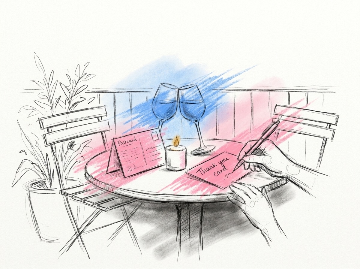Ett litet bord på en terrass med två glas som skålar i solnedgången, ett vykort lutat mot ett ljus och en hand som skriver ett tackkort, i Lovios rosa och blå illustrationsstil