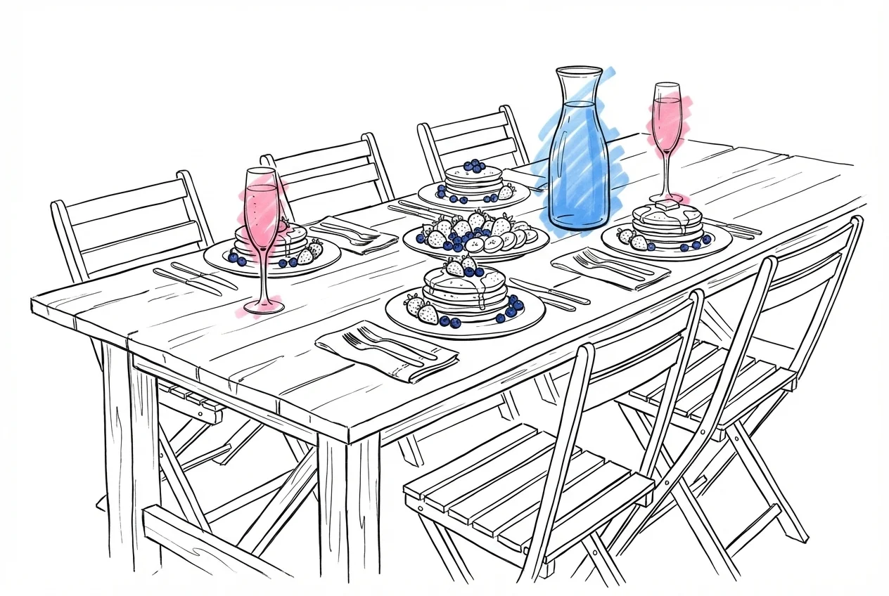 Utomhus långbord dukat för lunch eller brunch — pannkakor, frukt, karaff med juice och mimosaglas i dagsljus