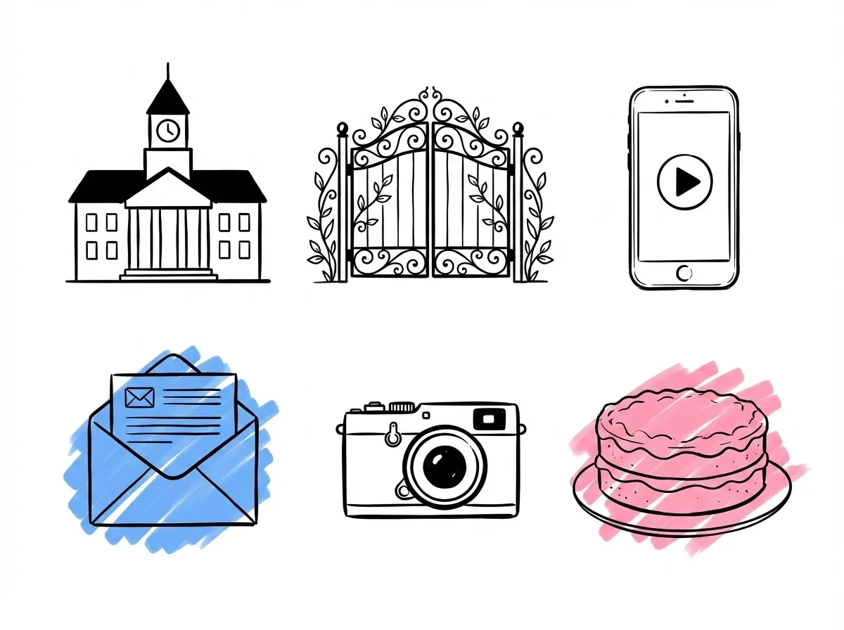 Flat-lay av sex symboler för gratisalternativen — stadshus, trädgårdsgrind, telefon med Spotify, digitalt kuvert, kamera och gräddtårta