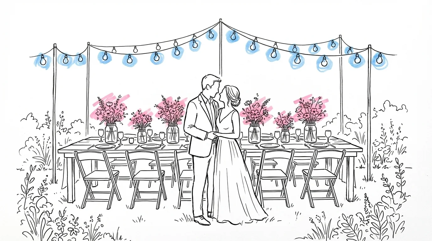 Litet intimt bröllop i svensk sommarträdgård — långbord dukat för tjugo gäster, fältblommor i glasburkar, lampslingor ovanför