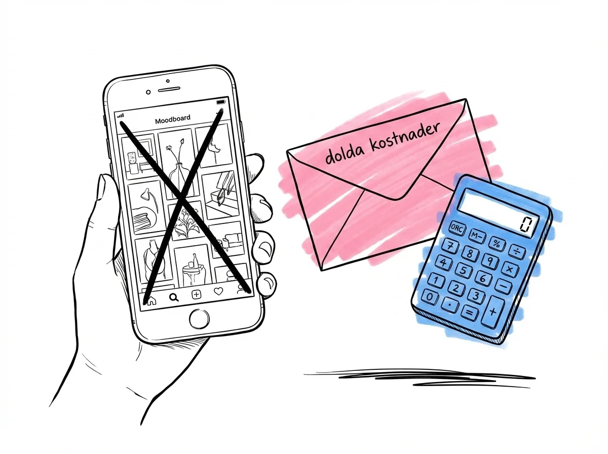 Pinterest-moodboard på telefon med ett rött X, bredvid ett kuvert märkt dolda kostnader och en miniräknare