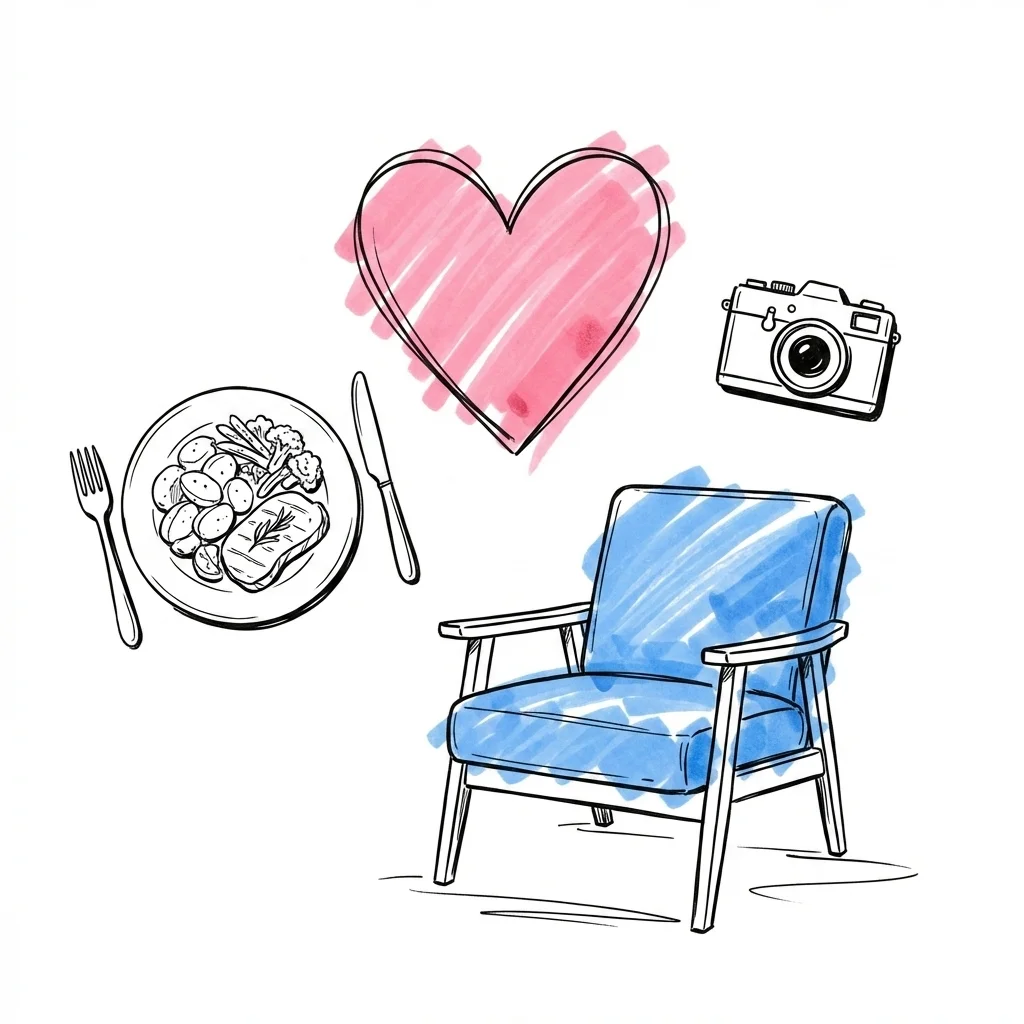 Triangelkomposition med tre prioriteringar — tallrik med mat, liten kamera och bekväm stol med kudde runt en central hjärta-ikon