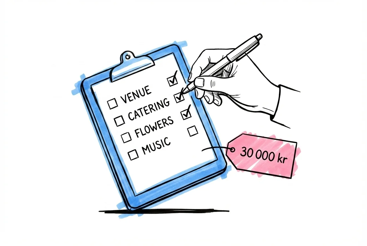 Hand som bockar av en checklista bredvid en prislapp som visar 30 000 kr