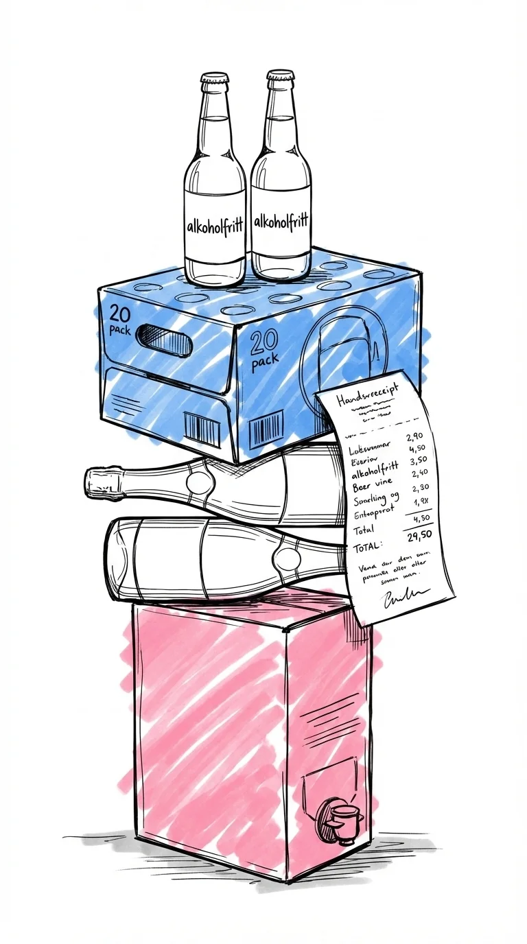 Vertikal inköpsstapel — vinbox, cavaflaskor, 20-pack öl och alkoholfritt med ett handskrivet kvitto bredvid