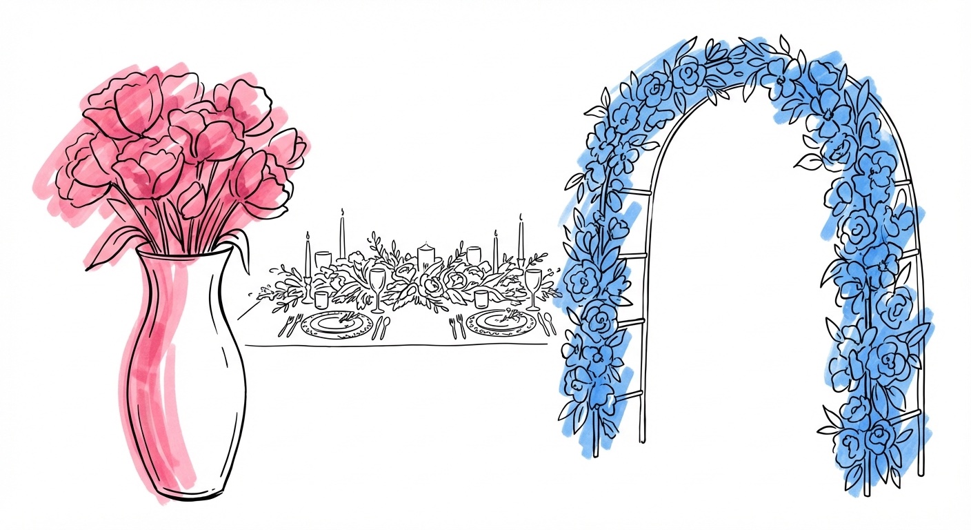 Bordsvas, honnörsbordsdekoration och blomsterbåge