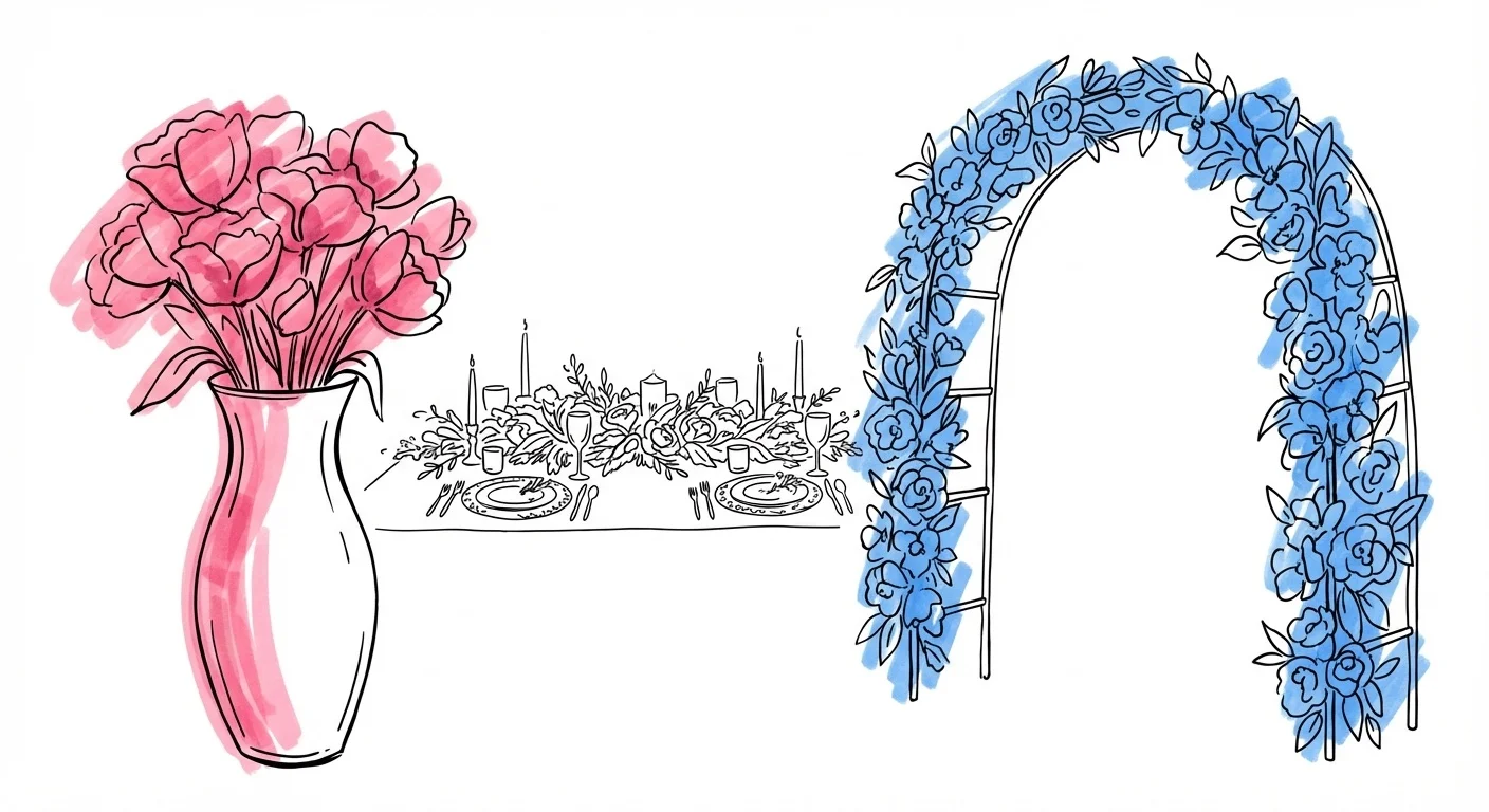 Bordsdekoration, honnörsbord och blomsterarrangemang för bröllop