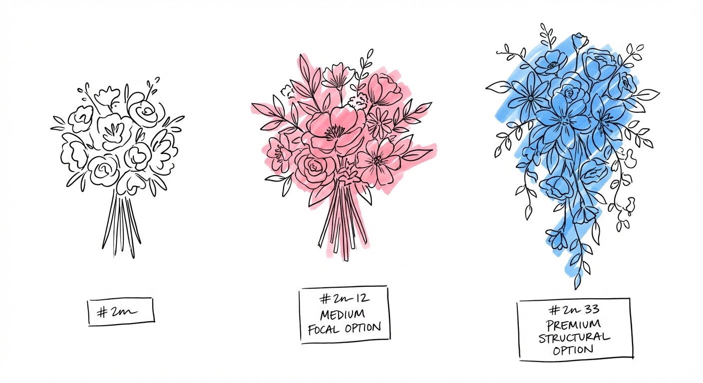 Tre brudbuketter i olika nivåer från enkel till premium