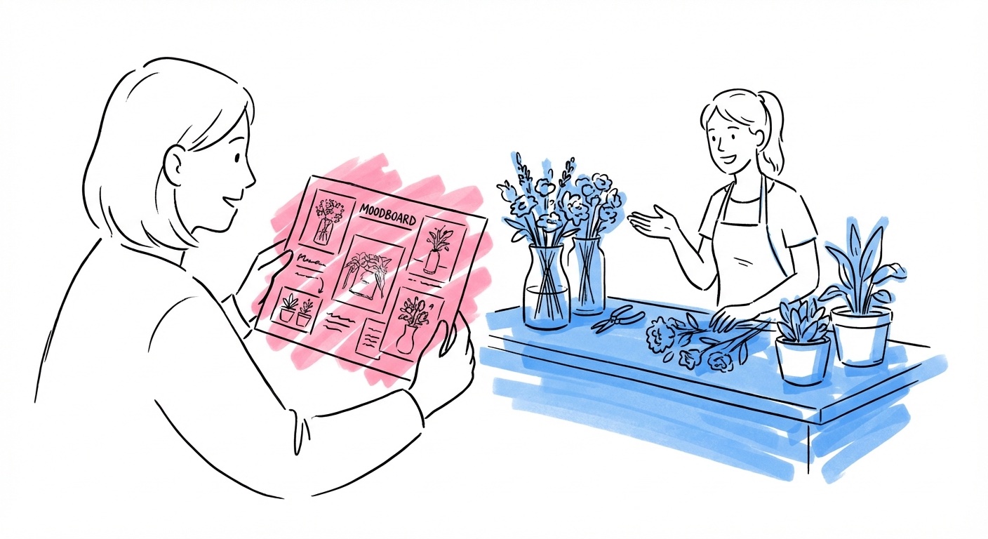 Par visar moodboard för florist inför offert